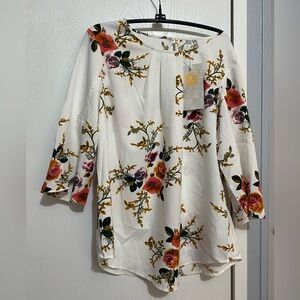 NWT Tasamo Women’s Large White Floral Top 3/4 Sleeve Classy Casual